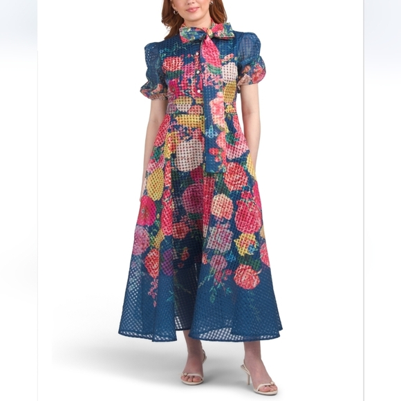 Dalia Macphee Dresses & Skirts - Dalia Macphee Puff Sleeve Tie Neck Floral Maxi Dress